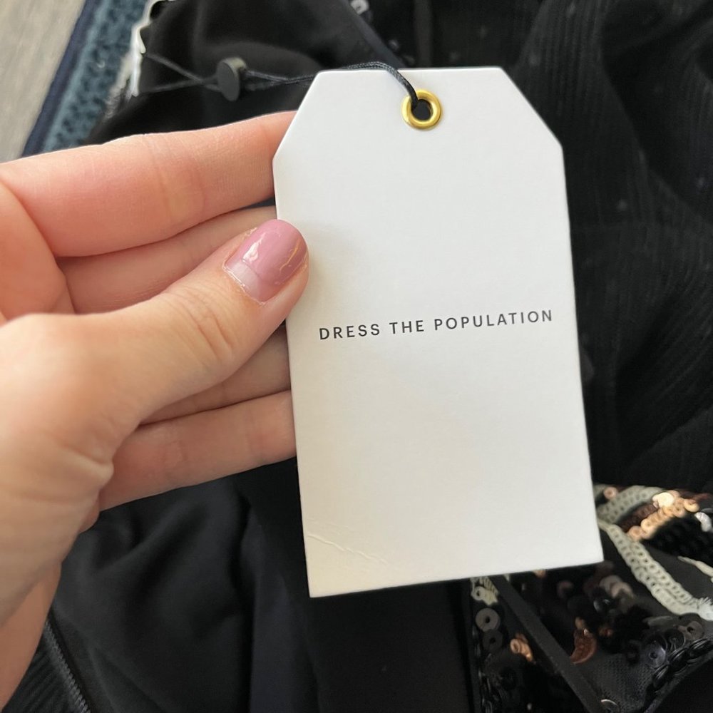 NWT Dress The Population Kady Sequin Block Print Tiered Dress in Black Multi Sml - Picture 11 of 15